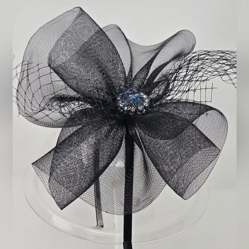 VINTAGE HANDMADE FASCINATOR HEADBAND BLACK TULLE BLUE RHINESTONE BROOCH DIY